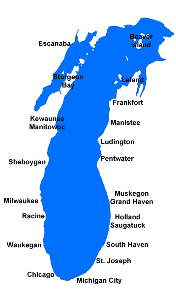 Here is a simple map of Lake Michigan showing some of the places we visited along lake's the east coast.