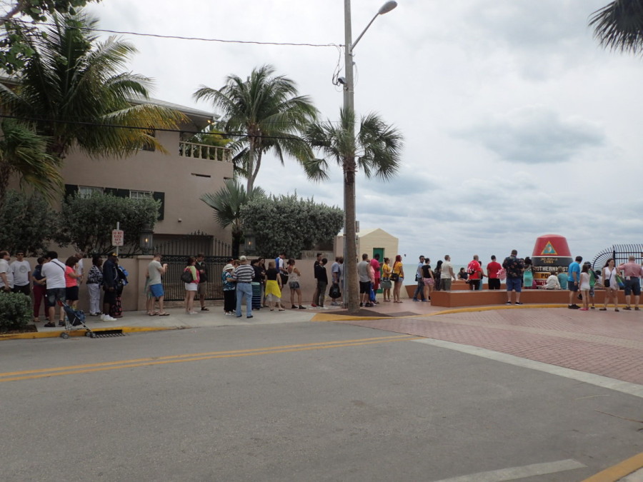 The tourist factor - here is the line up for pictures in front of the 'Southernmost  Point in the Continental U.S.' monument. 