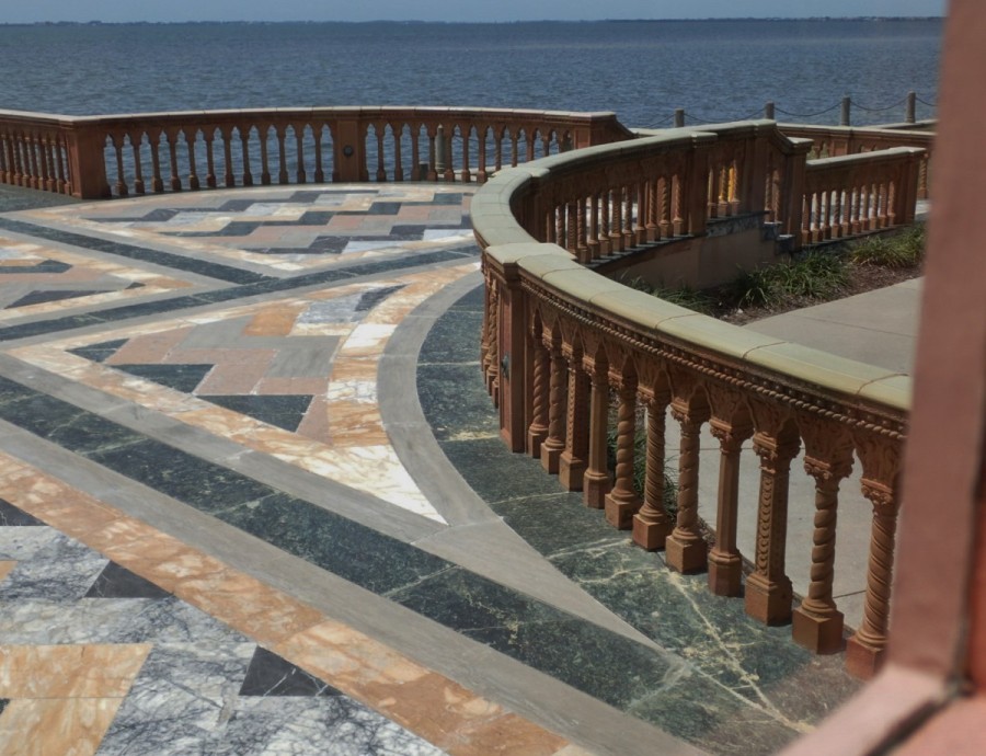.....and the tiled veranda leading to the dock, in keeping with the style of John's many opulent yachts.