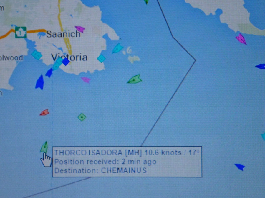 One of the fun aspects of transporting by sea was following the progress of the ship from Florida to B.C.; this is a screen shot of Thorco Isadora approaching Victoria to pick up the pilot for the last portion of the trip to Chemainus.